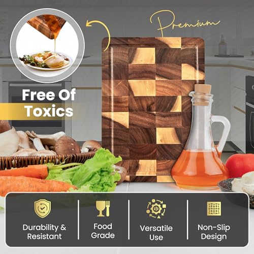 Walnut Wood End Grain Cutting Board for Kitchen with Juice Groove, Inner Handles, Heavy-Duty Butcher Block, Wooden Chopping Board, Charcuterie Boards 17" x 12" x 1" (17" x 12" x 1") - size: 17"L x 12"W
