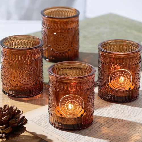 Lanttu 12 Pcs Amber Votive Candle Holder 2.1"x2.56" Tealight Candle Holders | for Home Table Centerpiece, Dinner Parties, Weddings Decor - color: Amber