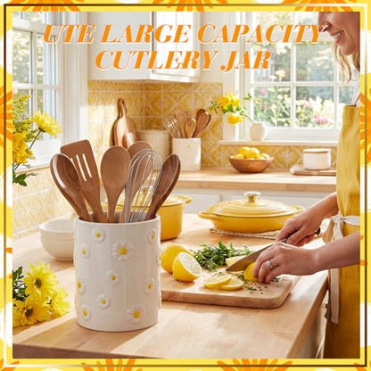 LemonRoad Daisy Utensil Holder for Kitchen Counter,Ceramic Cooking Utensil Crock Modern Farmhouse Countertop Organizer for Spatula Ladle Kitchen Counter Decor - style: Daisy