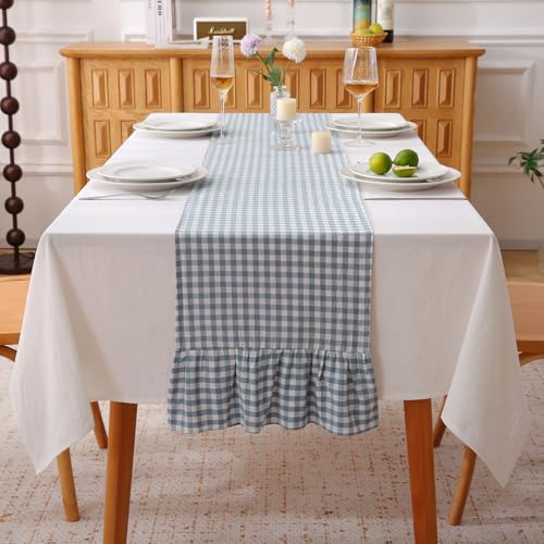 Dust Blue White Plaid Gingham Ruffle Table Runner 90 inches Long 100% Washed Cotton Decorative Farmhouse Cabinet Cover (Dust Blue, 90"x13") - color: Dust Blue, size: 90"x13"