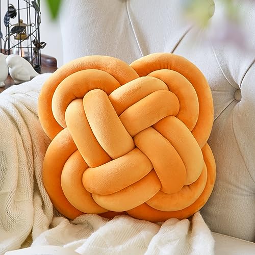 Knot Pillow Ball, 12" Decorative Throw Pillows for Couch Bed, Dark Yellow | Decor Knotted Square Floor Pillow Cushions with Velvet Fabric for Bedroom Living Room - color: Dark Yellow