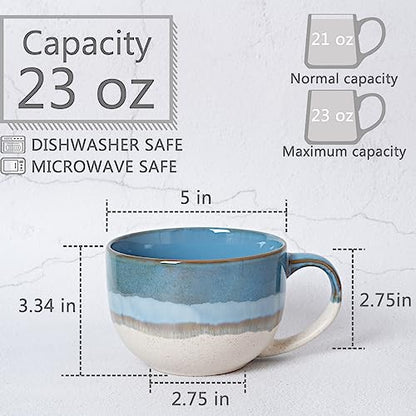 Bosmarlin Ceramic Jumbo Coffee Mug Set of 2, 23 Oz, Large Mug Soup Bowls with Handles, Dishwasher and Microwave Safe (Blue) - color: Blue