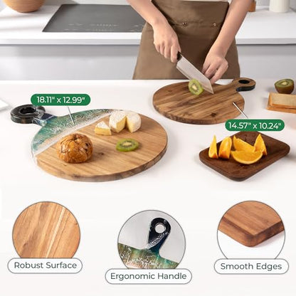 Acacia Wood Serving Board with Ocean Resin Art, 18.1" x 13" Charcuterie Cheese Tray for Display & Prep, Cutting Board on Back, Includes Stand & Loofah, Christmas Housewarming Gift (Round) - color: Round Cutting Board, size: Large