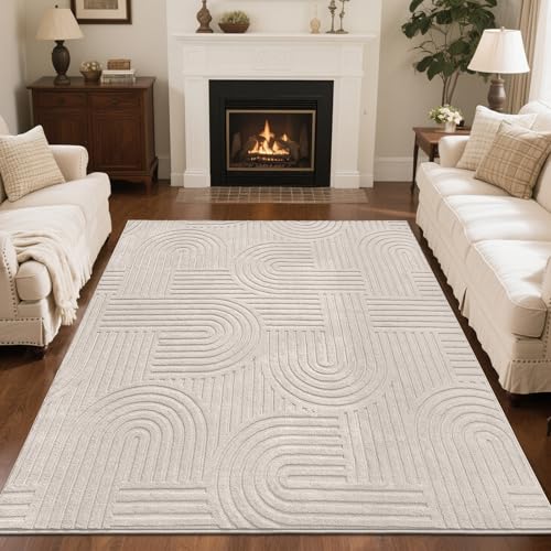 SHACOS Soft Cozy Fluffy Arch Pattern High-Low Pile Textured Area Rug 5'3"x7'3" Non Slip Washable Modern Geometric Rug Stain Resistant Contemporary Carpet for Living Room Bedroom Dining Room, Beige - color: Beige, size: 5'3"x7'3"