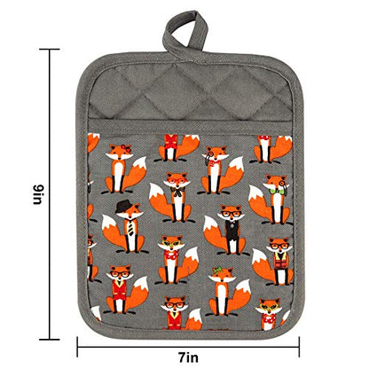 Pot Holders Set of 2,Non Slip Clear Silicone Printed Potholdes | Resistant 480 ℉,Comfortable Cotton Lining Kitchen Women Men Cooking Baking Microwave (Fox, Gray Potholders) - color: Fox, Gray Potholders