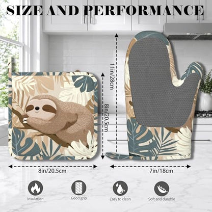 Sloth Boho Palm Leaves Oven Mitt and Pot Holder with Silicone Heat Resistant Kitchen for Cooking BBQ Baking Grilling Cooking Protection - color: Sloth Boho Palm Leaves