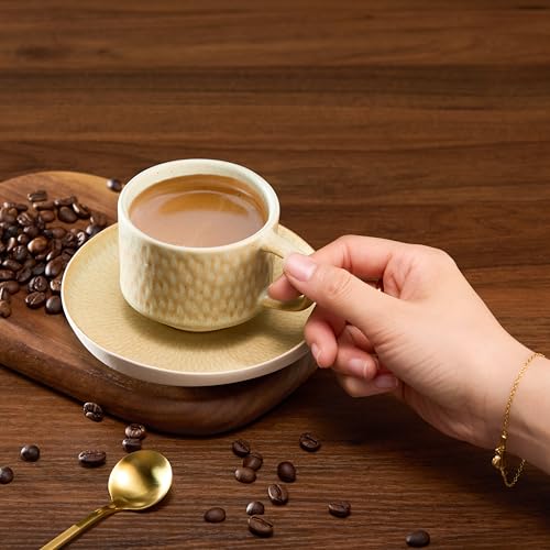 KooK Espresso Mug and Saucer Set, Ceramic Cups and Plates with Rustic Organic Shape and Feathered Texture, Dishwasher and Microwave Safe, Set of 4, Neutral Multicolor (5.5 Oz) - size: 5.5 Oz
