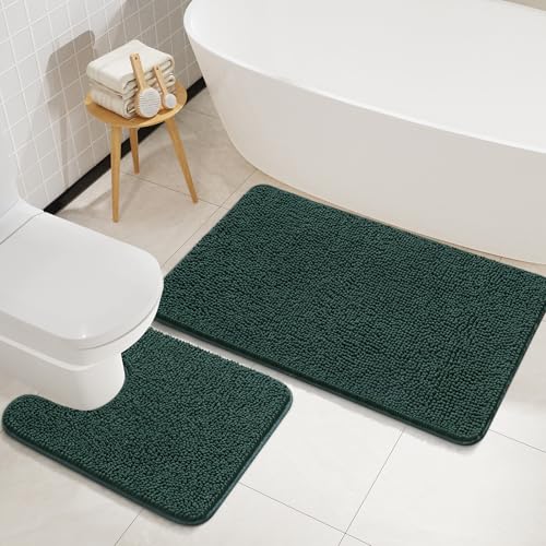 LOCHAS Bathroom Rugs Sets 2 Piece, 20''x20'' & 34''x21'', Hunter Green | Non Slip U-Shaped Toilet Rug, Chenille Washable Absorbent, Soft Bath Mat Set for Shower, Sink - color: Hunter Green