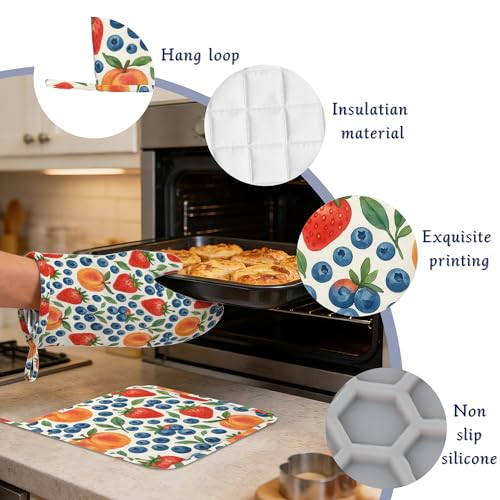 Tropical Fruit Oven Mitts and Pot Holders Strawberry Peach Blueberry Silicone Kitchen Accessories Set of 4 Heat Resistant Non-Slip Long Gloves Potholder for Chef Cooking Baking Gifts Women Men - color: Tropical Fruit,strawberry Peach Blueberry