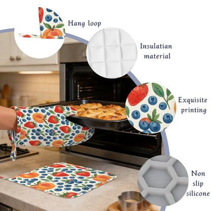 Tropical Fruit Oven Mitts and Pot Holders Strawberry Peach Blueberry Silicone Kitchen Accessories Set of 4 Heat Resistant Non-Slip Long Gloves Potholder for Chef Cooking Baking Gifts Women Men - color: Tropical Fruit,strawberry Peach Blueberry