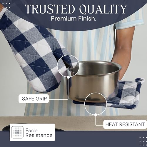 Oven Mitt & Pot Holder Buffalo Plaid Check 100% Cotton Heat Resistant Oven Gloves (7"x13") & Hot Pads (8"x8") Combo for Baking, Cooking - Navy - color: Navy Buffalo Plaid