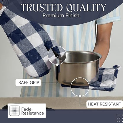 Oven Mitt & Pot Holder Buffalo Plaid Check 100% Cotton Heat Resistant Oven Gloves (7"x13") & Hot Pads (8"x8") Combo for Baking, Cooking - Navy - color: Navy Buffalo Plaid