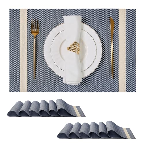 Leetaltree Woven Vinyl Placemats Set of 12,Blue Striped | High Density，Stain Resistant, Easy to Clean, Washable Table Mats for Indoor Dining and Outdoor Patio - color: Z1- Blue Striped, size: Set of 12