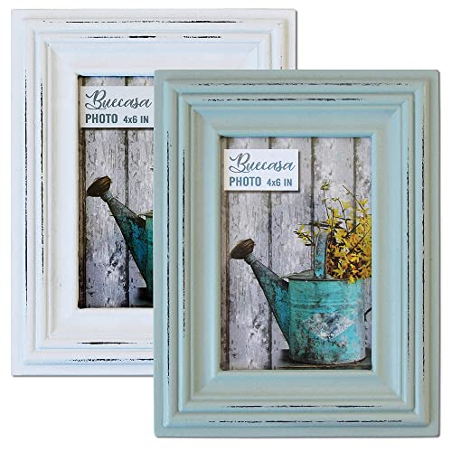 Buecasa Rustic 4x6 Inches Wooden Picture Frame Pack of 2 Vintage Cyan and White in Gift Box - Distressed Wood High Definition Glass Photo Frame Outside 6x8 Inches - color: 4x6 inches photo