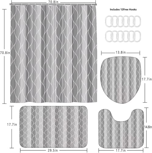 DDQQ 4Pcs Grey Wave Lines Shower Curtain Set with Rugs Stripe Bathroom Set | Waterproof, Durable, Grey Shower Curtain with 12 Hooks, Non-Slip Rugs, Toilet Lid Cover, U Toilet Mat, Bathroom Decor - color: Grey