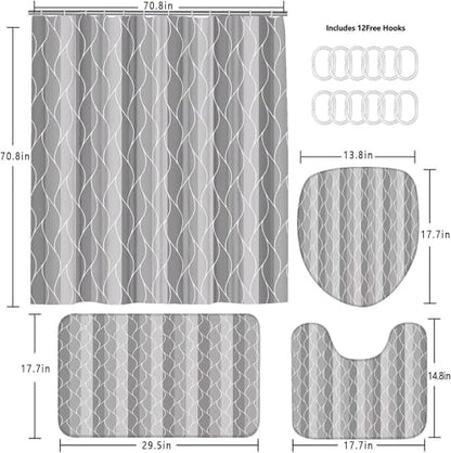 DDQQ 4Pcs Grey Wave Lines Shower Curtain Set with Rugs Stripe Bathroom Set | Waterproof, Durable, Grey Shower Curtain with 12 Hooks, Non-Slip Rugs, Toilet Lid Cover, U Toilet Mat, Bathroom Decor - color: Grey