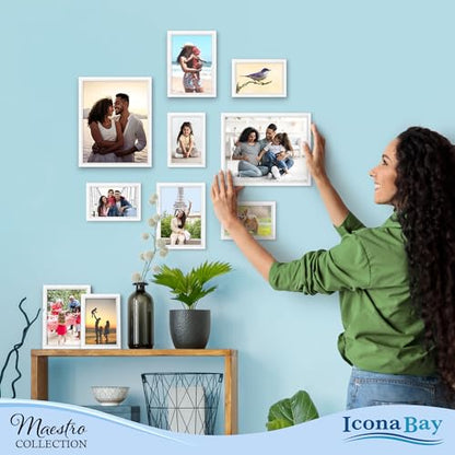 Combination White Picture Frames Set - 10 PC (Five 4x6, Three 5x7, Two 8x10), Classy Contemporary Style, Maestro Collection for Wall Gallery | Icona Bay Mixed Photo Frames - Glass Cover Sheet - Classy Contemporary Style - Wall Gallery, Collage - Table Top