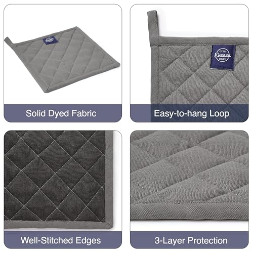 Encasa XO Pot Holders, Quilted Kitchen Hot Pads 8"x8" Grey | 100% Heavyweight Cotton | Quilted Insulation | Multipurpose Trivets & Hot Pads | Hanging Loop | Set of 2 - color: Grey.