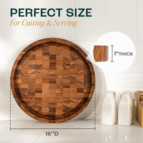 Yes4All Round Teak Cutting Boards for Kitchen, [16"D x 1"Thick] End Grain Cutting Board, Teak Wood Serving Board, Food Safe Surface for Slicing and Serving, Wood Charcuterie Board with Build In Handle - size: 16"L x 1"W, style: Teak
