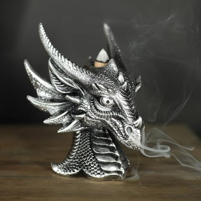 JORAE Breathing Dragon Head Figurine with Backflow Incense Burner | Dragon Smoking Statue Gothic Collectible Sculptures Home Decor Table Aromatherapy, Polyresin, Silver