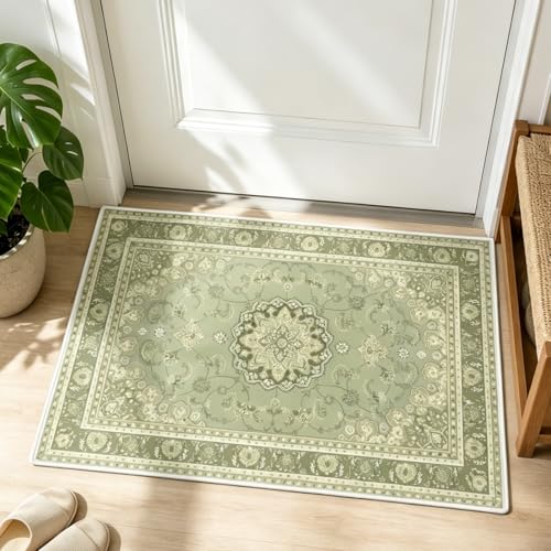 Vintage Boho Entryway Rug 2x3 Small Door Mat Indoor Entrance Machine Washable Area Rug Non-Slip Low Pile Throw Rugs for Entryway, Kitchen, Bedroom, Bathroom, Front Door Indoor Entrance, Entry Decor - color: Green, size: 2' x 3' (Rectangular)