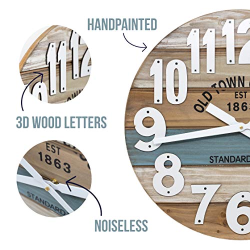 24" Wooden Multi-Color Maritime Coastal Beach Large Number Wall Clock (Blue, 24 inch) - color: Blue, size: 24 inch