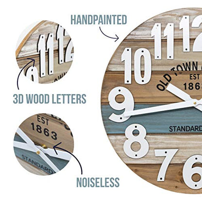 24" Wooden Multi-Color Maritime Coastal Beach Large Number Wall Clock (Blue, 24 inch) - color: Blue, size: 24 inch
