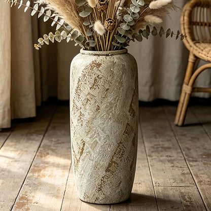 Rustic Ceramic Floor Vase, 15.7 Inch, Handpainted Finish | Living Room, Entryway, Fireplace, Pampas Grass, Dried Branches