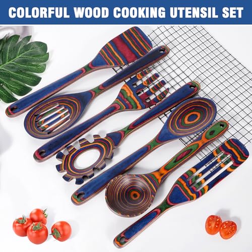 MYRAINBOW Wooden Spoons for Cooking – 7 Piece Pakkawood Kitchen Utensils Set with Spatulas, Spoons, Ladles, and Turner for Mixing, Serving & Cooking - color: Rainbow-A