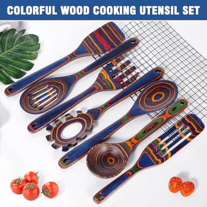 MYRAINBOW Wooden Spoons for Cooking – 7 Piece Pakkawood Kitchen Utensils Set with Spatulas, Spoons, Ladles, and Turner for Mixing, Serving & Cooking - color: Rainbow-A