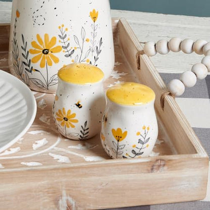 Primitives by Kathy Salt & Pepper Set - features bees buzzing over flowers with yellow accents. Shakers include unique openings to tell them apart, with plastic stoppers for easy refilling & cleaning