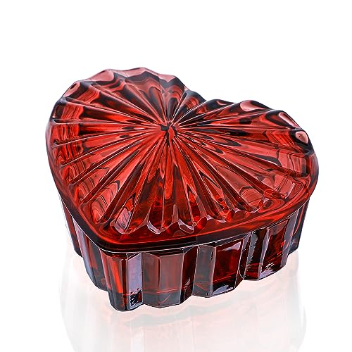 Crystal Heart-Shaped Jewelry Box, Decorative Glass Trinket Box with Lid | Women's Covered Earrings Necklace Chest Trinket Storage Box, Glass Jewelry Jar Gifts for Girls and Her (Burgundy) - color: Burgundy