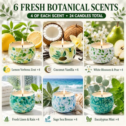 24 Pack Mini Scented Candles for Party Favors, 2.5 oz Soy Wax Tin Candle Gift Set, 6 Fresh Botanical Scents x 4 Each, Small Gifts for Bridal Shower, Baby Shower, Wedding Favors, Teachers - size: Summer 24-Candle Set