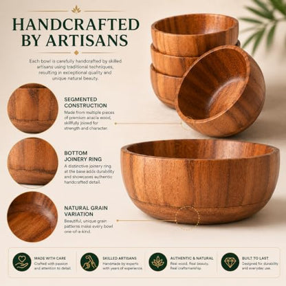 Acacia Wood Round Serving Bowls Set of 4 U Shape Handmade 4.75 Inch Medium Size Brown - size: 4 U Shape Bowls of 4.75-Inch