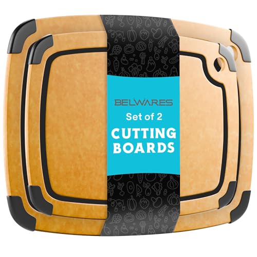 Dishwasher Safe Cutting Boards for Kitchen - Set of 2 Composite Wood Cutting Boards with Juice Groove, Non Slip Feet, Non Porous Chopping Boards, Heat Resistant up to 350°F (14.5x11 + 11.7x9.3 Inch) - color: Natural with Black Grooves