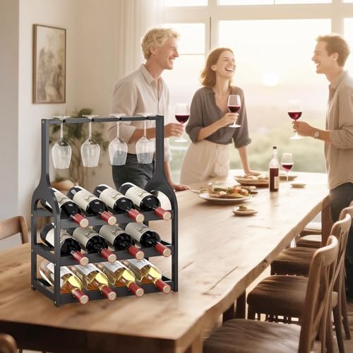 Bamboo Wine Rack Countertop, Small Free Standing Racks Tabletop Display | 12 Wine Bottles and 4 Glass Holder | Wooden Wine Storage Organizer Shelves for Kitchen Bar, Cellar, & Dining Room | Black - color: Black 3-tier With Glass Holder