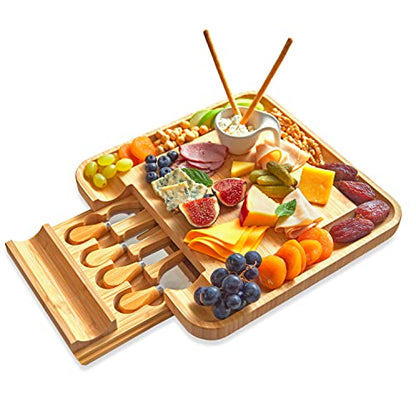 Bamboo Cheese Board and Knife Set with Slide-Out Cutlery Drawer | Charcuterie Boards Set & Cheese Platter - Birthday Gifts for Women, Wedding Gifts for Couples , Bridal Shower Gifts - style: Cheese Board Set2