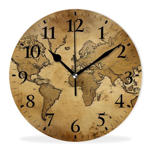 Round Analog Wall Clocks Non-Ticking Silent Clock Battery Operated Clcoks Decorative for Living Room,Office,Bedroom-World Map Classical(14inch) - color: Map 2, size: 14inch