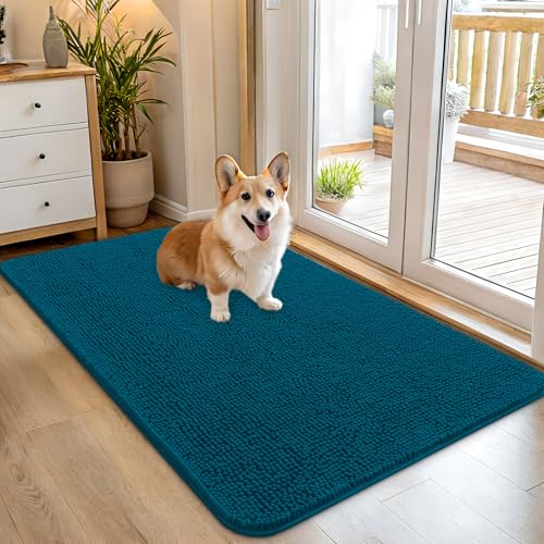 OLANLY Dog Door Mat for Muddy Paws 45x27, Super Absorbent Chenille Mud Mat | Atlantic Blue, Absorbs Moisture and Dirt, Non-Slip Machine Washable Doormat, Quick-Dry Indoor Entryway Floor Carpet for Dogs - color: Atlantic Blue, size: 45" X 27"