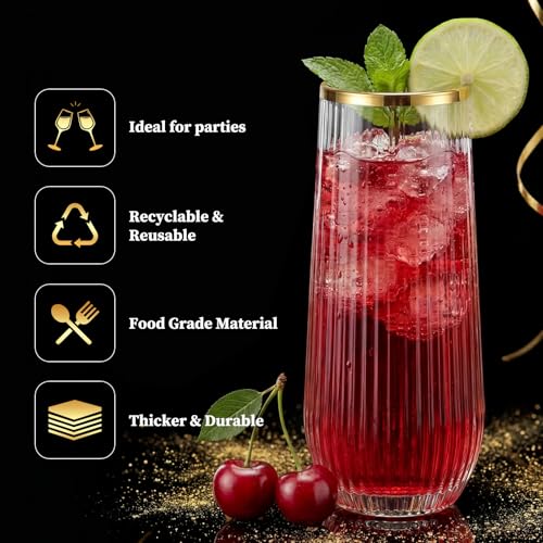 GuanQiao 24 Pack Stemless Plastic Champagne Flutes with Gold Rim, 9oz Ribbed Disposable Champagne Glasses. Heavy Duty Shatterproof Mimosa Glasses for Party, Wedding and New Years Eve Supplies - color: Gold Rim, size: 24-pack