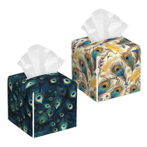 Peacock 2 Pcs Tissue Box Cover Square Leather Tissue Case Holder Facial Paper Organizer Decorative for Bathroom Kitchen Car Office Home Decor - color: Peacock