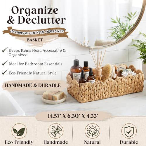 Novabright 2 Pack Toilet Tank Basket, Scalloped Wicker Storage with 3 Compartments, Hand Woven Water Hyacinth Tank Topper for Toilet Paper Storage, Bathroom Shelves, Countertop Organizer