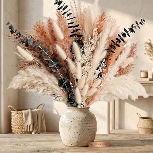 Dried Flower Bouquet - Pampas Grass, Bunny Tails, Olive Green Eucalyptus & Preserved Flowers - Boho Chic Home Decor, Rustic Wedding Centerpiece, Farmhouse Style Arrangement (Vase Not Included)