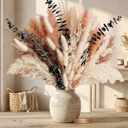 Dried Flower Bouquet - Pampas Grass, Bunny Tails, Olive Green Eucalyptus & Preserved Flowers - Boho Chic Home Decor, Rustic Wedding Centerpiece, Farmhouse Style Arrangement (Vase Not Included)