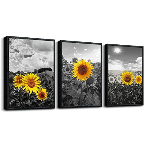 Black Framed Wall Art For Living Room Wall Decor For Bedroom Sunflower Flowers Wall Paintings Room Decor Black And White Pictures Artwork Kitchen Home Decoration Set of 3 Piece Framed Art Prints - color: Black And White Yellow Sunflower(Black Framed), siz