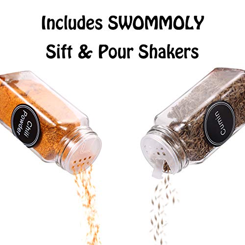 SWOMMOLY 30 Pcs Glass Spice Jars with Lids, 4oz Spice Bottles with Labels | Square Spice Containers with Shaker Lids, 703 Labels, Chalk Marker, Funnel- Seasoning Bottles for Racks, Cabinets, Drawers - size: 4 OZ