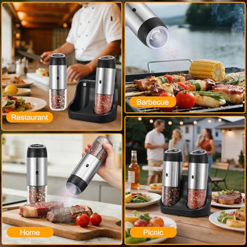 Rechargeable Gravity Electric Salt Grinder Set,Stainless Steel | with Variable Grinding Speed, External Adjustable Coarseness,Charging Base and White LED Light - color: Stainless Steel with Charging Base