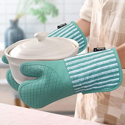Alselo Silicone Oven Mitts Heat Resistant 932℉ with Waterproof & Non-Slip | Kitchen Mittens Set of 2,Extra Long 7.5"x15" Oven Gloves with Soft Cotton Terry Lining for Baking Cooking BBQ(Green,2) - color: Green