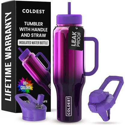 Coldest Tumbler with Handle and Straw - 100% Spill Proof Tumbler with Straw (3 Lids) - Stainless Steel Insulated Leakproof Tumblers for Women & Men - Cup Holder Friendly - 46 oz (Purple Nova) - color: Purple Nova, size: 46 oz