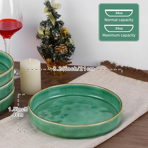 LIANYU 33oz Pasta Bowls, 8.25’’ Wide Shallow Salad Plates Set of 4 | Stoneware Ceramic Dinner Serving Bowls for Cereal, Fruit, Soup, Microwave & Dishwasher Safe, Emerald Green - color: Emerald Green